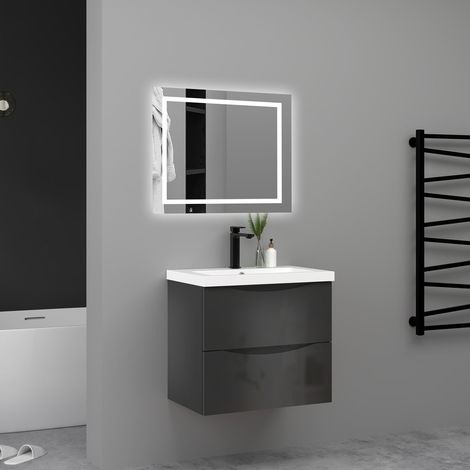 AICA Meuble de salle de bain suspendu Brillant 80cm avec simple vasque + 2 tiroirs, Anthracite