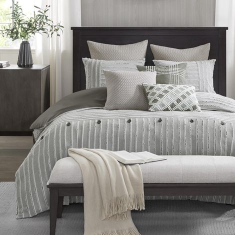 Parure de lit 9 pièces pour très Grand lit, Housse de Couette Amovible 100% Coton avec Insert, Literie de Style Rustique, Motif Jacquard texturé à Rayures, Très Grand lit, Gris (1/5)