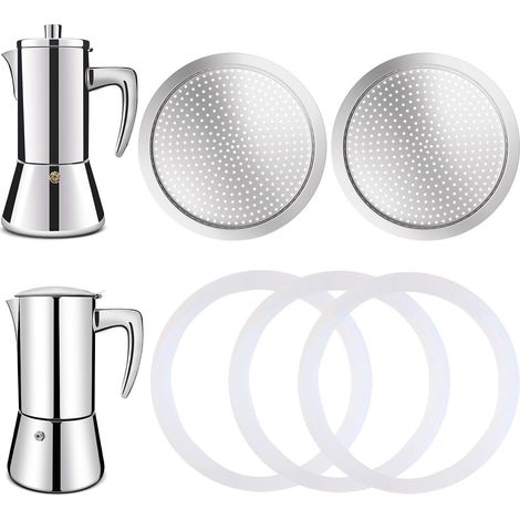 Lot de 2 filtres avec 3 joints d'étanchéité en silicone pour cafetière expresso de 6 tasses - Pièces de rechange pour cafetière à moka en acier inoxydable 304 (1/5)