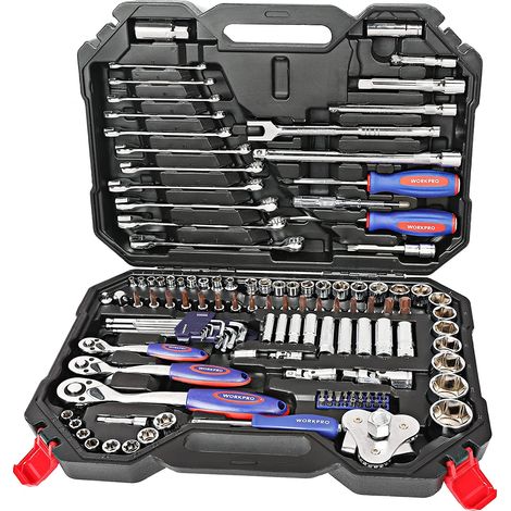 Workpro – Coffret de douilles clés à cliquet 123 pièces – Acier chrome-vanadium – Clés mixtes, embouts, testeur – Mallette de rangement