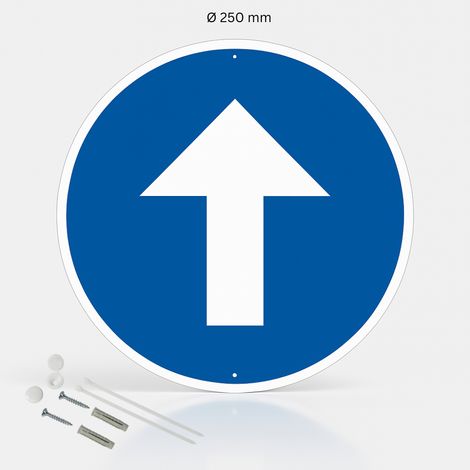 Flèche en haut panneau de signalisation rond en pvc rigide prépercé avec kit de fixation complet - Diamètre 250 mm