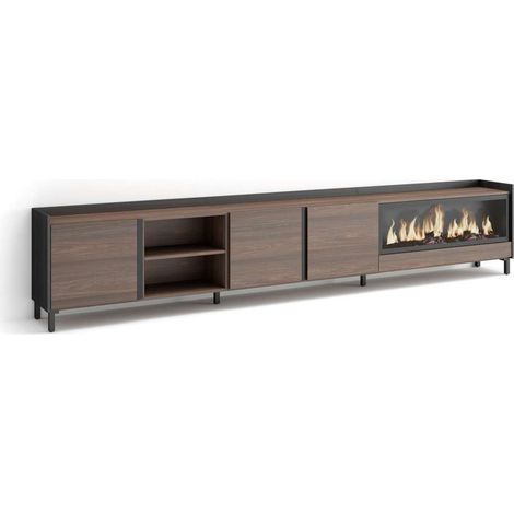 Mueble TV Benalauría-02 de 315x61x35 cm con chimenea eléctrica XXL, diseño industrial, color roble oscuro y negro (1/4)