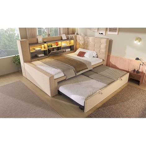Lit avec rangement en lin beige et métal 90x200 cm, lit gigogne 90x190, LED et ports USB, sommier inclus (1/5)