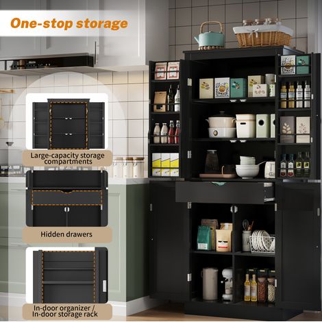 Geschirrschrank MDF Schwarz 75 x 40 x 182 cm mit 2 Türen, Innen-Schublade, Türablagen und mehreren Staufächern (1/5)