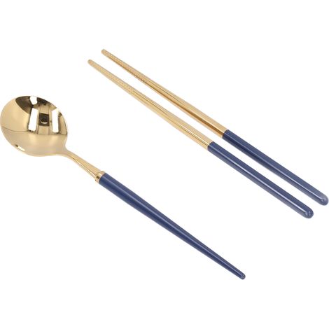 Edelstahl-Besteckset, wiederverwendbares Besteckset für Studenten, Aufbewahrungsbox für Reisebesteck, Gabel, Löffel, Essstäbchen, Dunkelblau, Gold (1/5)