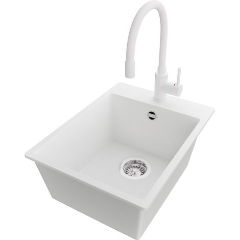 PRIMAGRAN Evier Cuisine en Granit 38x50cm,Lavabo 1 bac + Robinet 38x14cm + Kit de Vidage, Évier à Encastrer au meuble 40cm - Riga, Blanc (1/5)