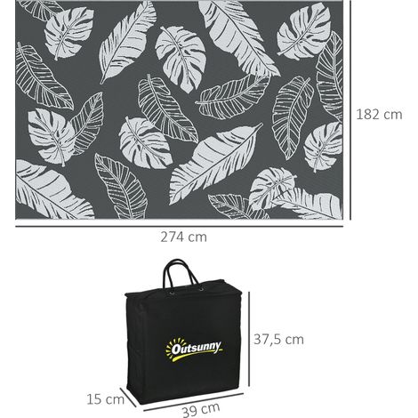 Tapis extérieur réversible gris blanc 182x274cm, motif feuilles imperméable (1/4)