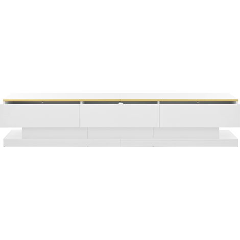Meuble TV 2004040cm, meuble bas avec 3 tiroirs, support TV laqué brillant, meuble de salon avec grand espace de rangement, table TV blanc chaud avec bord doré, meuble TV sur pied (1/5)