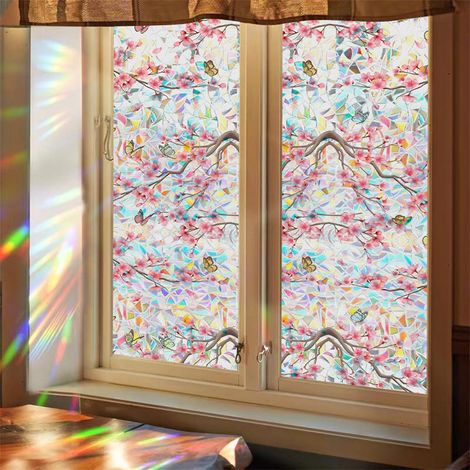 Film Vitre Adhésif Statique Sans Colle 50x200cm - Opacité Intimité Lumineux Motif Cerisier et Lune Croissante pour Salle de Bain et Balcon, Kit d'Outils Inclus-lsw