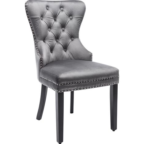 Set 6 sedie da pranzo in velluto grigio con gambe in legno e schienale trapuntato (1/5)