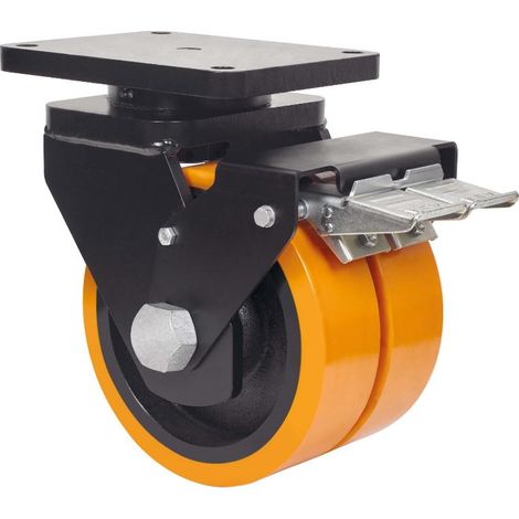 rueda giratora placa freno 10hlrfn300-hub hierro-poliur.naranja(doble)bolas (1/2)