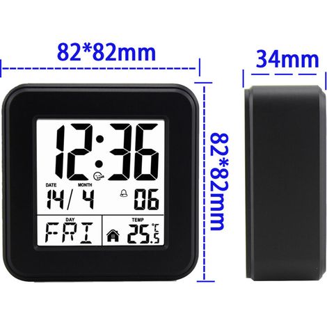 Réveil LCD digital double alarme avec affichage température intérieure, date et snooze, format compact à piles pour maison et bureau – noir