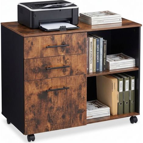 Relaxdays Cassettiera su Ruote, 3 cassetti, 2 vani, HxLxP: 66 x 80 x 40 cm, effetto legno, mobile ufficio, marrone (1/5)