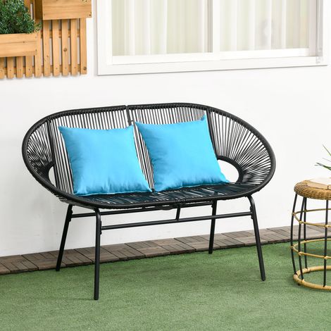 Gartenbank für 2 Personen aus Metall und Kunstharzseil mit 2 Kissen – Maße 132 x 72 x 83 cm (L x B x H) – schwarz