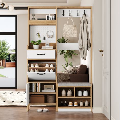 Armario de recibidor 108.5x35x180 cm blanco y roble en tablero de partículas con banco acolchado y zapatero (1/5)