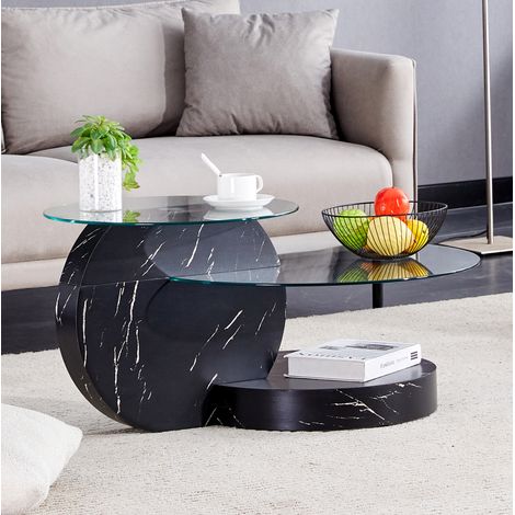Tavolino 89,9x50,8x43,2 cm in MDF e vetro temperato nero, ripiani multipli, soggiorno FloraGrace (1/5)