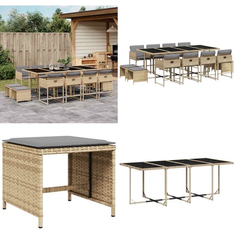 13-tlg. Garten-Essgruppe mit Kissen Beigemischung Poly Rattan - Gartenmöbel Set - Gartentisch - Gartenstühle - Gartenhocker - Rattan Möbel - Home & Living