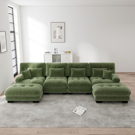 Divano modulare a U a 4 posti - 406x145x81 cm - Design Cloud con pouf - Comfort premium - Chenille - Verde
