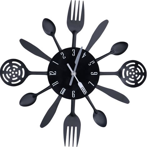 Horloge murale de cuisine noire avec couverts modernes amovibles (cuillère et fourchette), décoration intérieure (1/5)