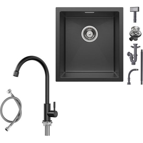Fregadero de cocina bajo encimera de 40 × 44 cm, acero inoxidable negro antracita con grifo de cocina de agua fría, grifo de cocina negro de alta presión, altura 273 mm (1/4)