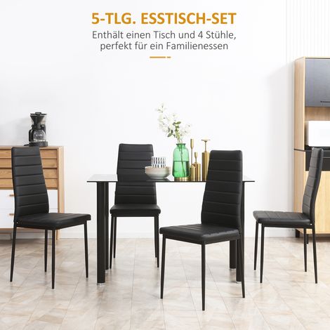 Ensemble salle à manger 5 pièces moderne, table en verre noire et 4 chaises, coin repas design, mobilier salon contemporain. (1/4)