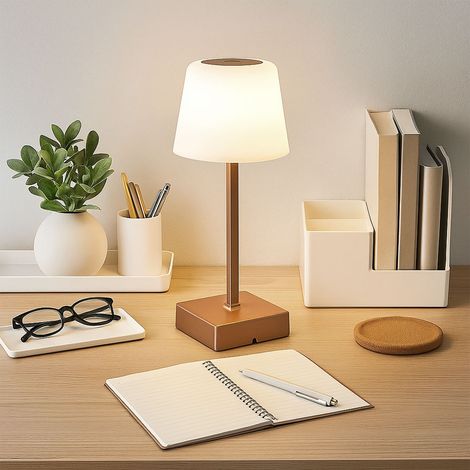 Lampada da tavolo LED touch dimmer lampada da tavolo ricaricabile lampada laterale CCT, metallo champagne, 2W 100Lm bianco caldo-freddo, DxH 8,5x25,5 cm