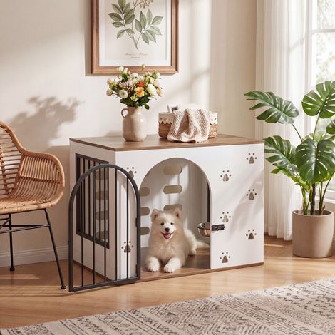 Jaula para perros (89x69x11.5 cm), diseño 2 en 1, con dos cuencos extraíbles, estructura de acero, MDF y metal, blanco (1/5)