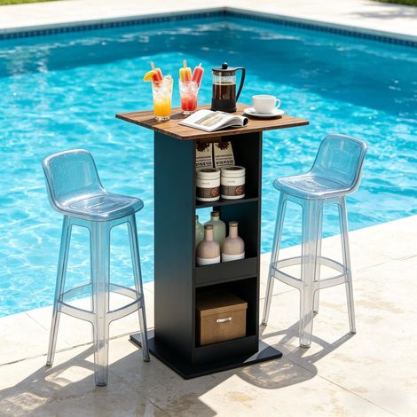 Tavolo bar alto quadrato con vani contenitori, 60 x 60 cm, 109 cm, nero e marrone rustico HAVRYA (1/5)
