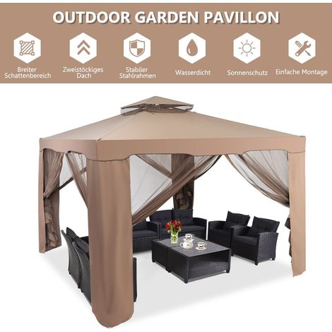 Gartenpavillon gartenzelt camping partyzelt mit 4 seitenwanden 300 x 300 x 265 cm braun (1/5)