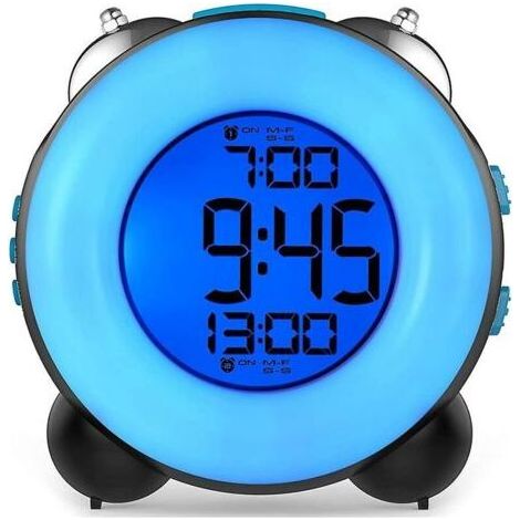 Réveil fort pour gros dormeurs – Double alarme réglable – Sonnerie de cloche métal – Fonction snooze – Affichage 12/24H – Couleur bleu (1/5)