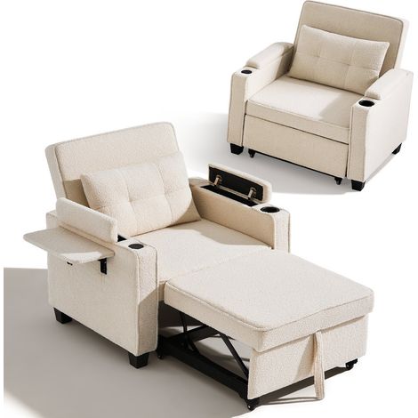 Single Sofa Bed, 3 in 1 Convertible Sleeper Chair with Adjustable Backrest, Charger & Cup Holder, Side Pockets, Foldable Pull Out Armchair for Living Room Bedroom Lounge Beige Velvet (1/5)