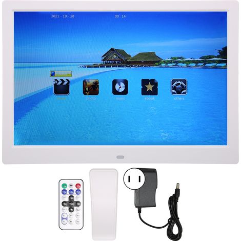 Cadre photo numérique HD 13 pouces, résolution 1280x800, compatible avec l'entrée câble MI haute définition HD, horloge/calendrier/heure, marche/arrêt, blanc, norme européenne. (1/5)