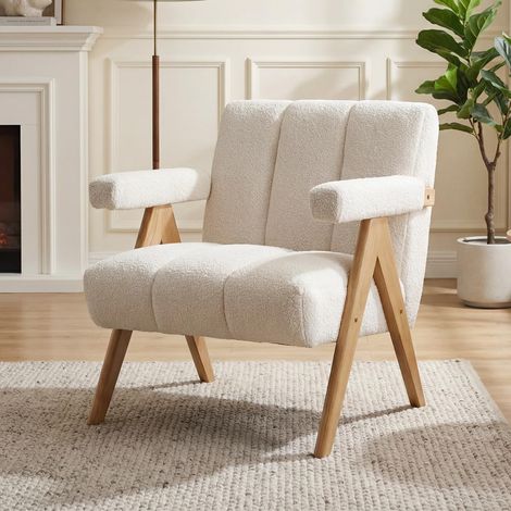 Wahson Morden Armchair chenille, Upholstered Singe Sofa with Solid Wood Legs for Living Room Bedroom Lounge, Oatmeal