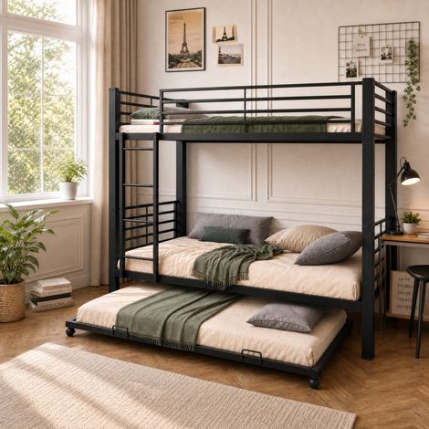 Etagenbett 90x200 cm schwarz aus Metall mit Ausziehbett, Rausfallschutz, Leiter und 3 Schlafplätzen (1/5)