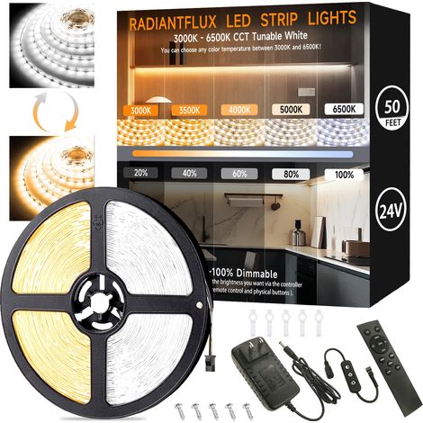 Bande LED de 15 m (50 pi), lumière blanc chaud 3000 K-6000 K, ultra-lumineuse, à flux lumineux élevé, intensité variable, 24 V, avec télécommande, flexible pour une installation facile. (1/5)