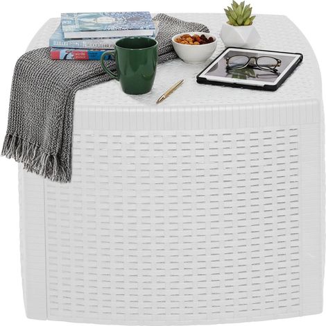 Dmora - Tavolino da esterno 0, Tavolino contenitore, Tavolo basso effetto rattan, 100% Made in Italy, Cm 53x53h40, Bianco