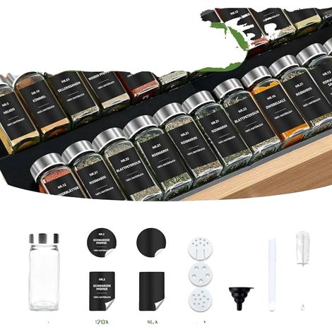 Juego de 24 botes para especias, capacidad de 120 ml, de vidrio, aptos para lavavajillas, incluye etiquetas. (1/5)