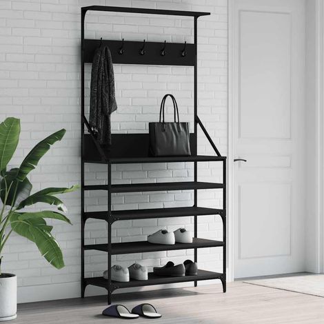 Porte-manteau avec rangement chaussures en bois et métal noir 90 x 34 x 184 cm - PANGIVO (1/5)