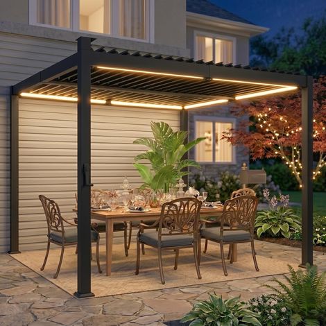 Pergola bioclimatique 3x3m avec lumières LED solaires, pergola à lames orientables, gouttières, noir