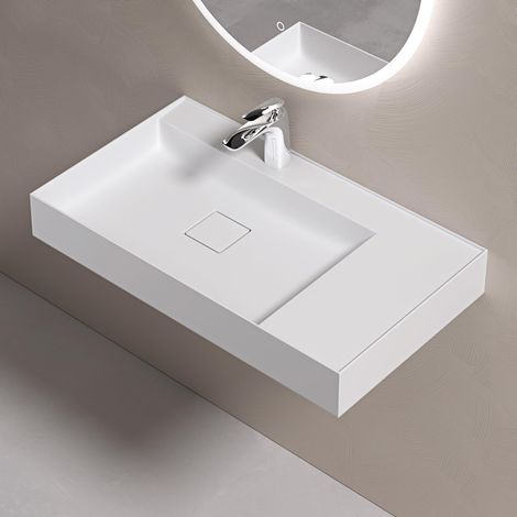 doporro Lavabo sobre Encimera Lavabo Suspendido de Mármol Fundido 80x46x12cm en Blanco Mate con Desagüe Colossum630