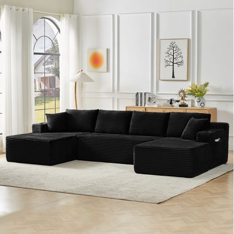 Modulares U-Sofa 339 x 168 x 82 cm aus schwarzem Cordstoff HAVRYA (1/5)