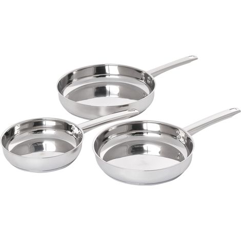 Set of 3 Frying Pans Silver Stainless Steel with Handles in 3 Sizes For All Hobs PRIMECOOK (1/5)