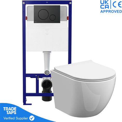 Rimless Wall Hung Toilet Pan Frame 1.12m Concealed Cistern WC Dual Flush Plate (1/5)