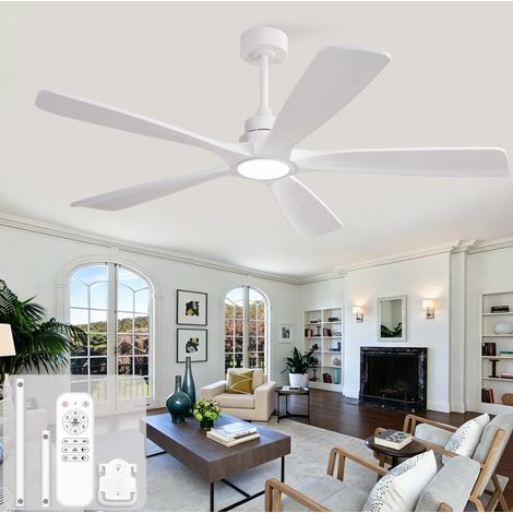 Ventilador de techo 60 pulgadas con mando a distancia, 5 aspas de madera maciza, LED regulable, metal blanco (1/5)