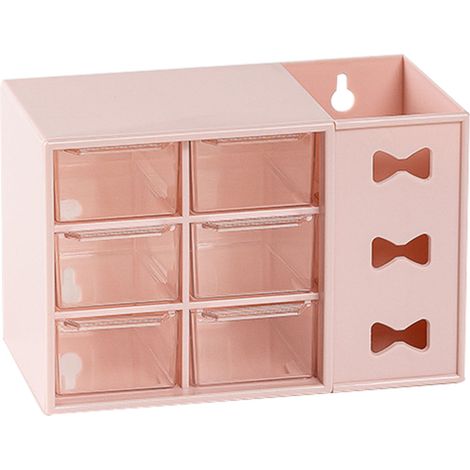 Étagère de bureau à stylos anti-poussière à 6 tiroirs, idéale pour les étudiants et les professionnels du bureau (rose). (1/5)