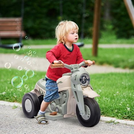 Moto enfant 6V avec bulles et musique, véhicule électrique crème pour filles et garçons, phare lumineux, vitesse 2,5-3 km/h, charge max 30 kg, pour 2-5 ans