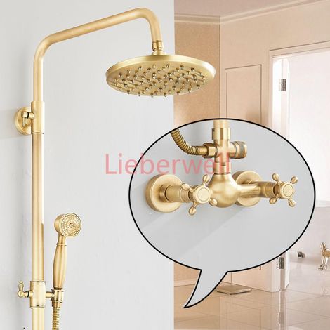 Ensemble de robinets de salle de bain et douche en laiton Antique, 8 pouces, support mural à double poignée, étagère de douche à main, systèmes chauds et froids, mélangeur système de douche de pluie (1/5)