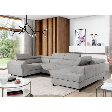 Canapé panoramique convertible SKADA tissu – Rangement et appuis-têtes réglables à droite-Gris-Coffre à droite (1/5)