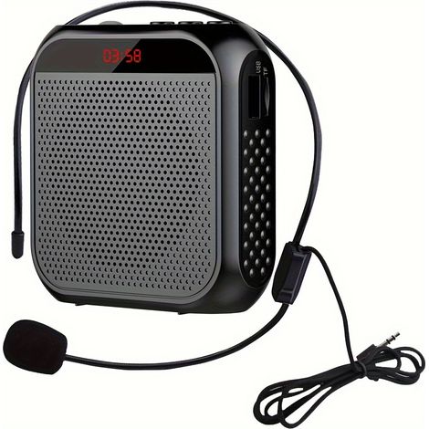 Megafono portatile con microfono a filo, nero, altoparlante ricaricabile tramite USB, amplificatore per presentazioni con microfono personale. (1/5)