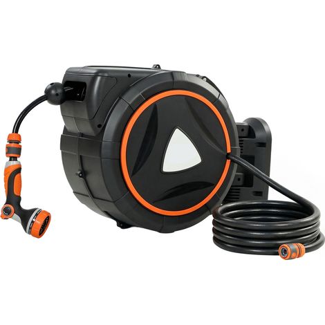 Avvolgitubo Retrattile 28+2 m con Riavvolgimento Automatico e Sistema di Bloccaggio Nero e Arancione (1/5)